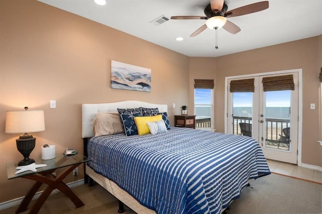 carpeted bedroom with visible vents, baseboards, access to outside, french doors, and recessed lighting