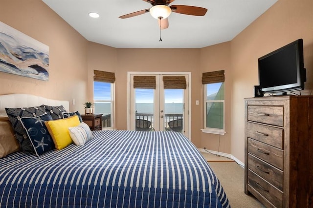 bedroom with recessed lighting, carpet flooring, a ceiling fan, access to exterior, and french doors