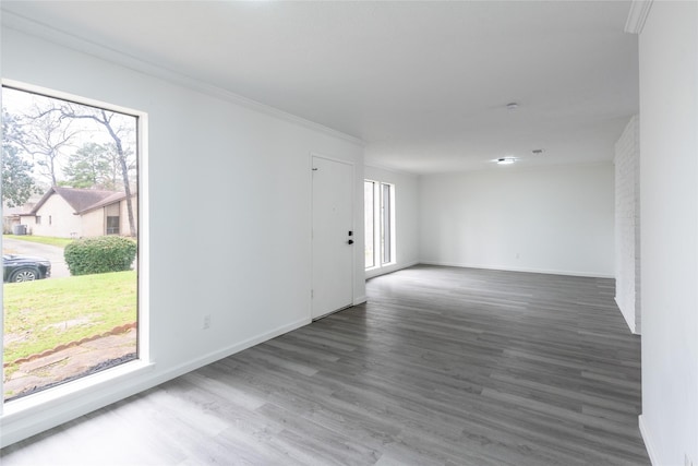 spare room with ornamental molding, wood finished floors, and baseboards