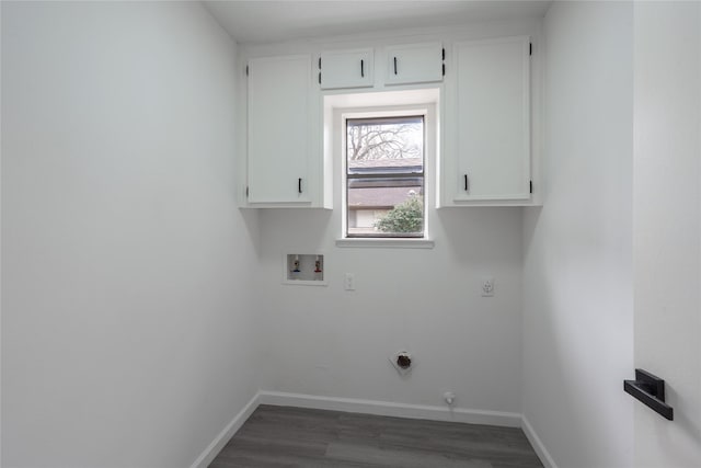 laundry room with washer hookup, baseboards, cabinet space, dark wood-style floors, and electric dryer hookup