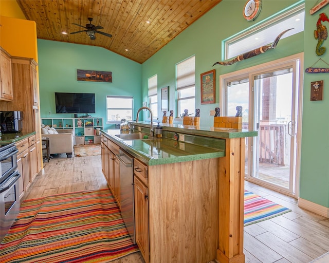 kitchen with lofted ceiling, wooden ceiling, appliances with stainless steel finishes, light wood-type flooring, and a sink