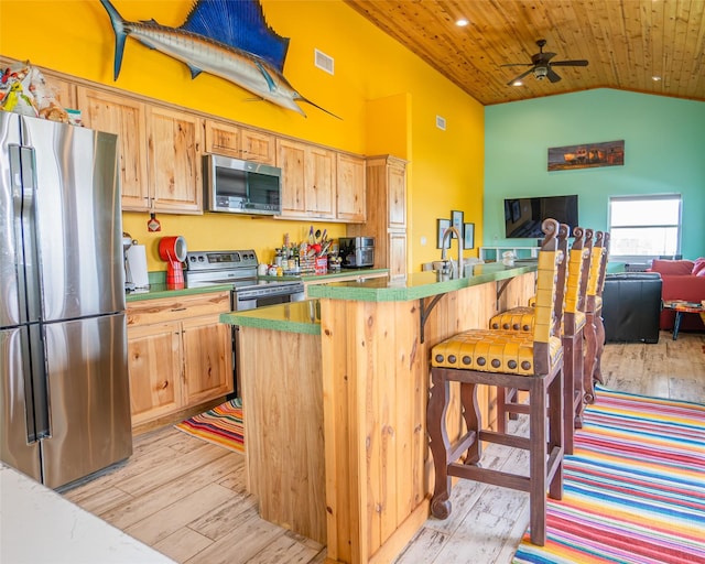 kitchen featuring visible vents, wooden ceiling, open floor plan, stainless steel appliances, and light wood-style floors