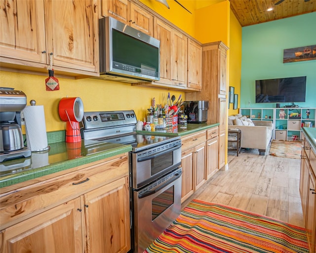 kitchen featuring stainless steel appliances, recessed lighting, light wood-style floors, wood ceiling, and open floor plan