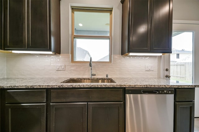 4215 Sternside Ln, Houston, TX 77053 - kitchen with dishwasher, a sink, backsplash, and dark brown cabinetry