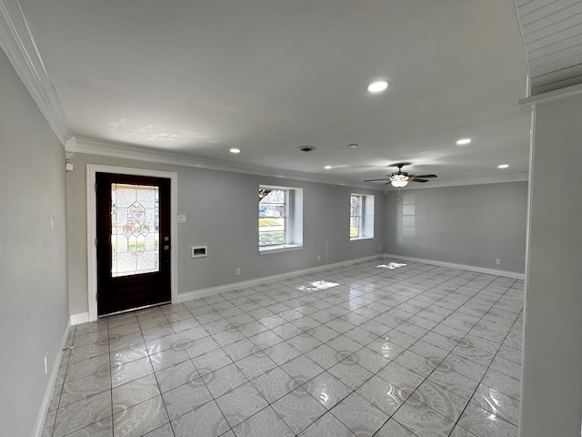 entrance foyer with ornamental molding, recessed lighting, ceiling fan, and baseboards