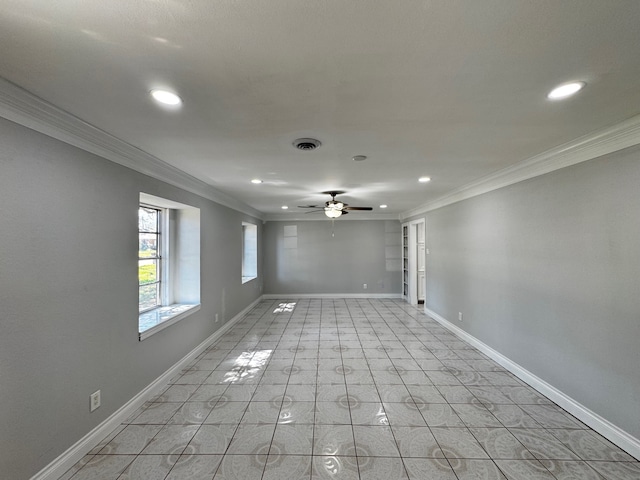 empty room featuring crown molding, recessed lighting, visible vents, a ceiling fan, and baseboards