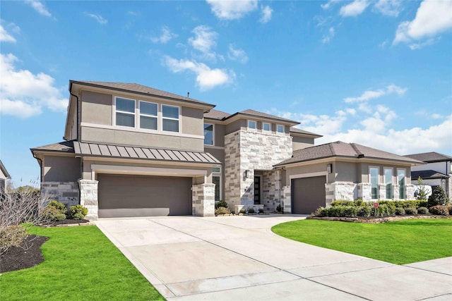 prairie-style home featuring stone siding, a standing seam roof, a front lawn, and stucco siding