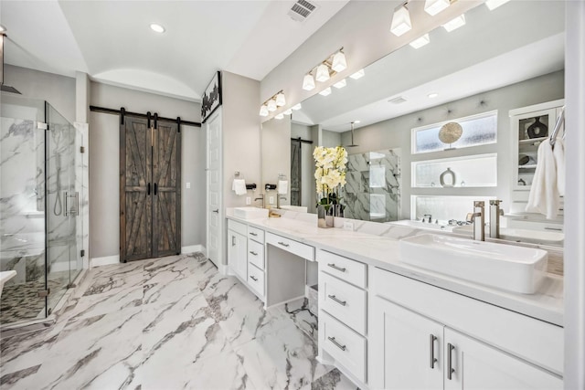 full bath with marble finish floor, visible vents, and a marble finish shower