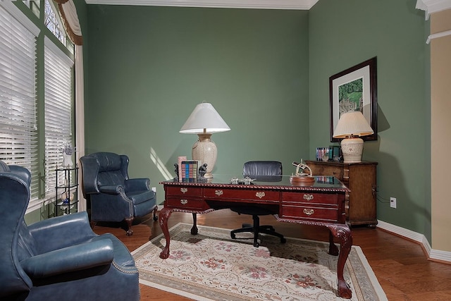 home office featuring wood finished floors and baseboards