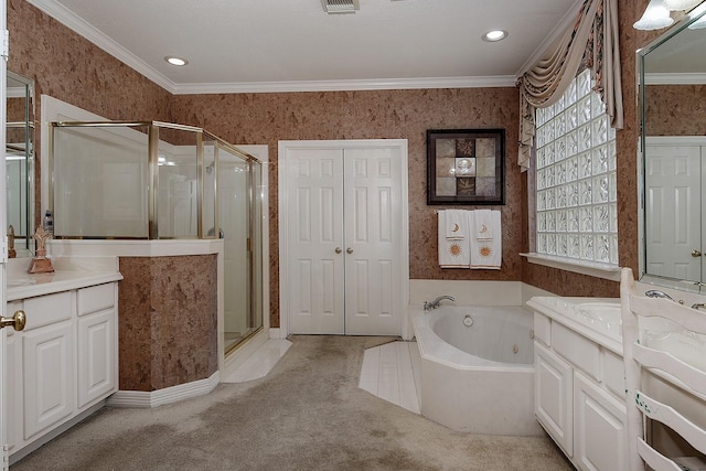 full bath with a stall shower, crown molding, a whirlpool tub, and wallpapered walls