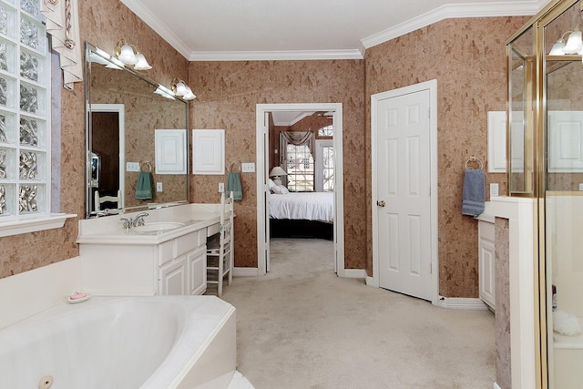 ensuite bathroom with crown molding, vanity, a bath, ensuite bath, and wallpapered walls