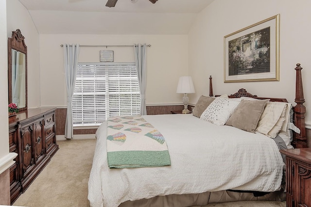 bedroom with carpet floors, ceiling fan, and lofted ceiling