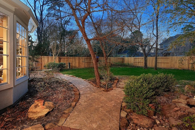 view of yard featuring a patio and a fenced backyard