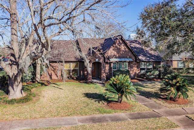 tudor home with brick siding, a front lawn, and a shingled roof