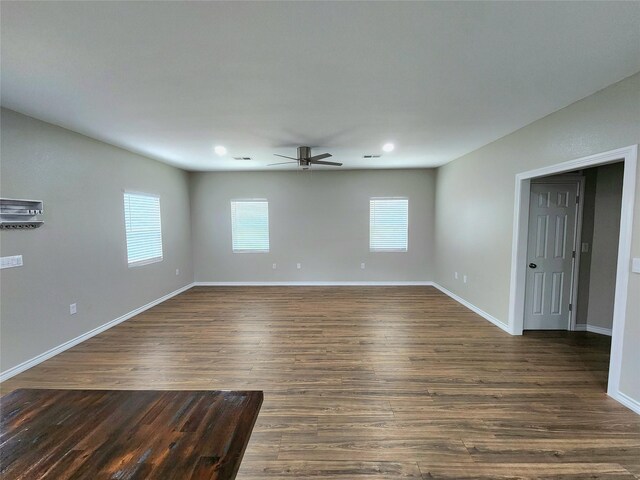 unfurnished room featuring dark wood finished floors, baseboards, ceiling fan, and recessed lighting