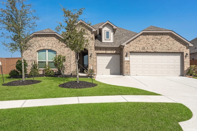 view of front of house featuring an attached garage, brick siding, a shingled roof, driveway, and a front yard