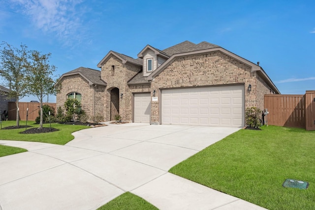 french country home featuring an attached garage, a front yard, a gate, and brick siding