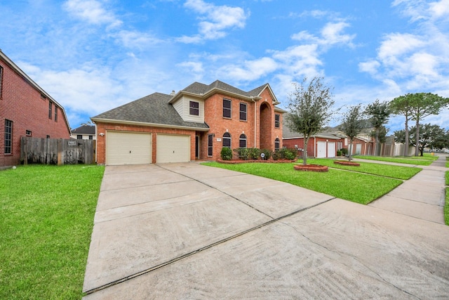 view of front facade with an attached garage, a front lawn, concrete driveway, and brick siding