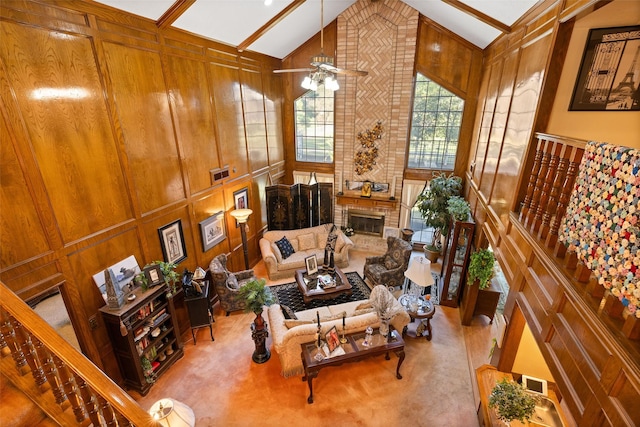 8011 Beaufort Dr, Spring, TX 77379 - living area with wooden walls, visible vents, carpet floors, a brick fireplace, and high vaulted ceiling