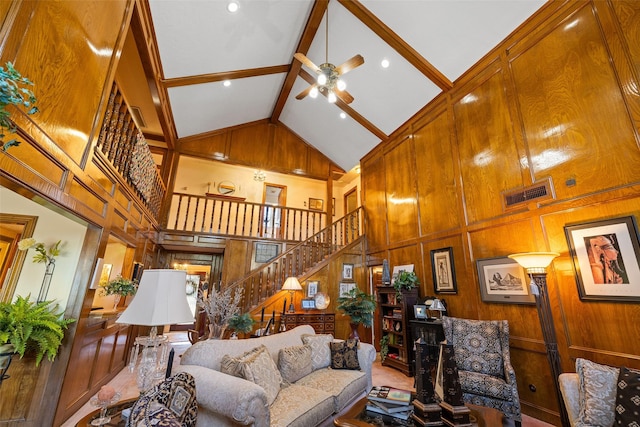 8011 Beaufort Dr, Spring, TX 77379 - living room featuring wood walls, stairs, visible vents, and beamed ceiling