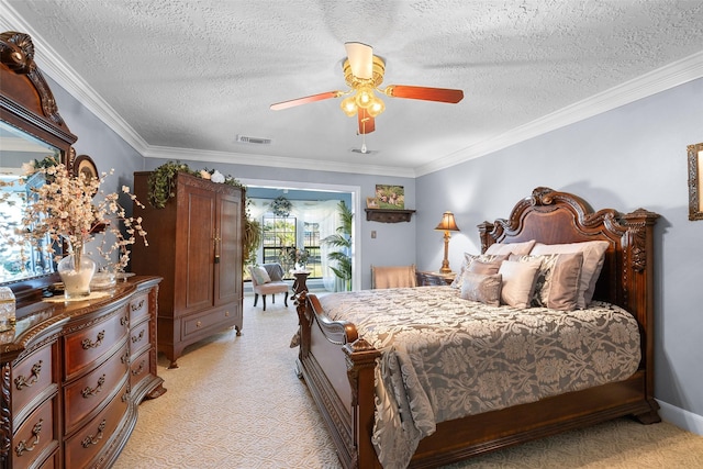 8011 Beaufort Dr, Spring, TX 77379 - bedroom with ceiling fan, a textured ceiling, visible vents, and crown molding
