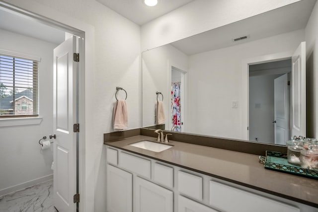 bathroom featuring baseboards, visible vents, marble finish floor, vanity, and recessed lighting