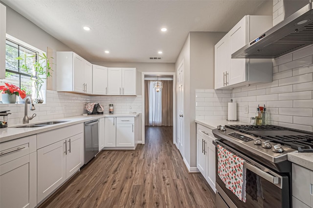 kitchen featuring a sink, wall chimney range hood, wood finished floors, stainless steel appliances, and light countertops