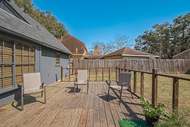 wooden deck with a fenced backyard