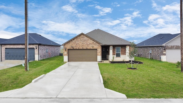 ranch-style home with brick siding, an attached garage, a front lawn, and roof with shingles