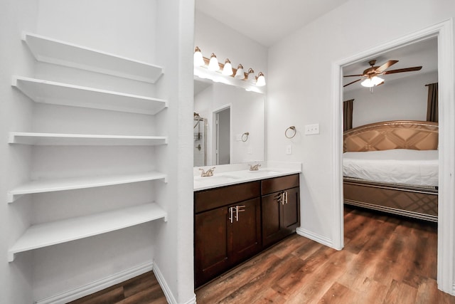 bathroom featuring baseboards, ceiling fan, double vanity, wood finished floors, and a sink