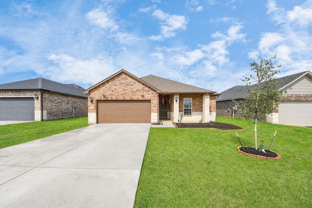 single story home with a front yard, roof with shingles, an attached garage, concrete driveway, and brick siding