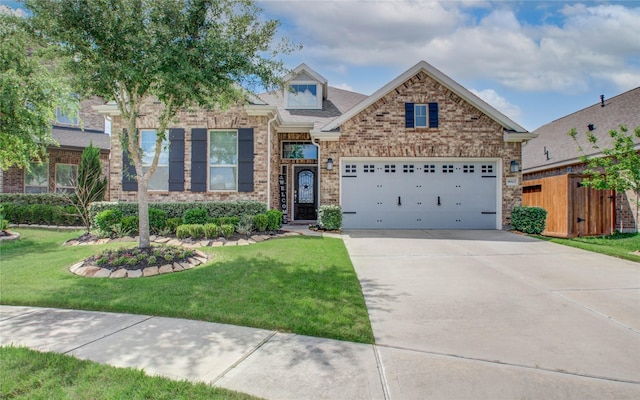 view of front of house with an attached garage, a front lawn, concrete driveway, and brick siding