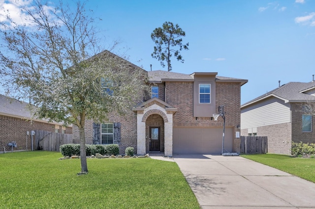 traditional home featuring concrete driveway, fence, brick siding, and a front lawn