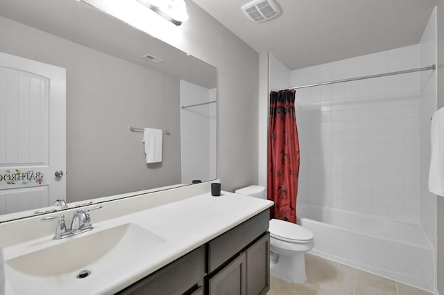 bathroom featuring visible vents, toilet, shower / tub combo with curtain, and tile patterned flooring