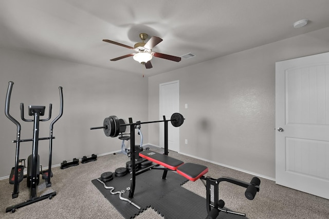 workout room with visible vents, baseboards, carpet, and a ceiling fan