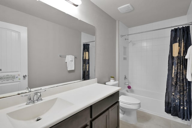 full bathroom with visible vents, toilet, shower / tub combo, tile patterned flooring, and vanity