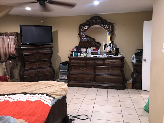 bedroom featuring recessed lighting, ceiling fan, and light tile patterned floors