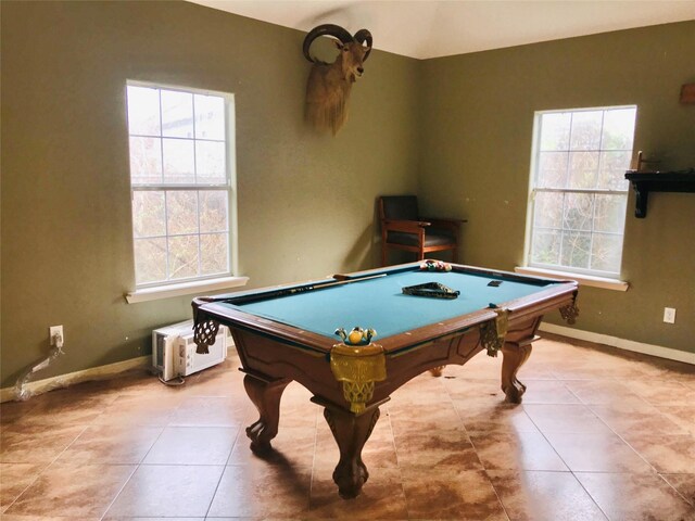 playroom featuring pool table, baseboards, and tile patterned floors