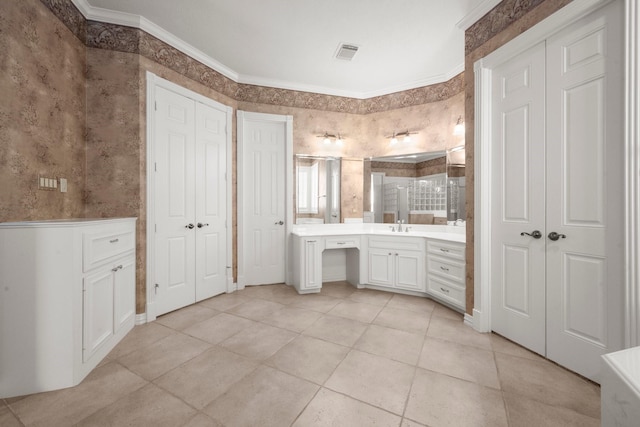 full bathroom with visible vents, wallpapered walls, ornamental molding, a closet, and vanity