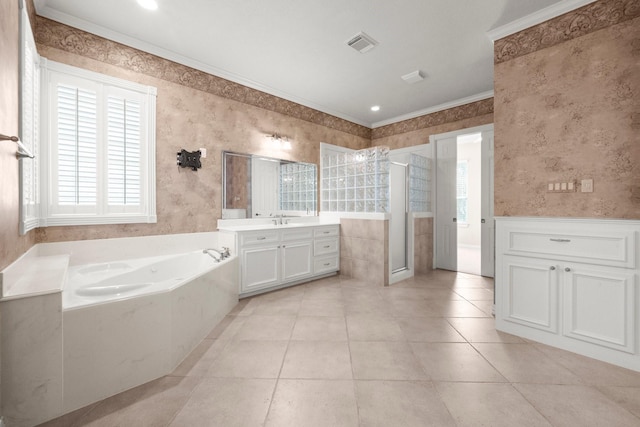 full bathroom featuring wallpapered walls, a shower stall, and visible vents