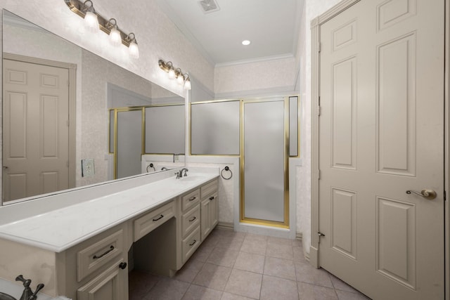 full bathroom featuring tile patterned flooring, visible vents, a shower stall, ornamental molding, and vanity