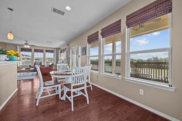 dining area featuring recessed lighting, visible vents, ceiling fan, wood finished floors, and baseboards