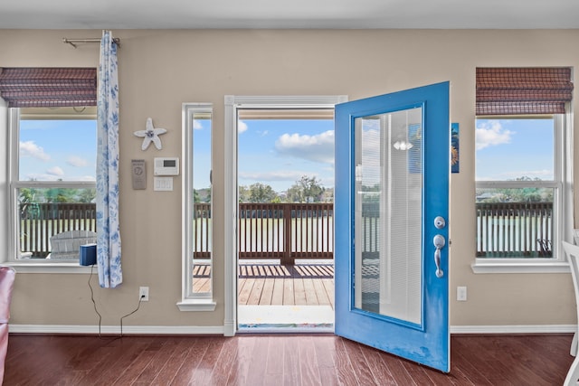 entryway with baseboards and wood finished floors