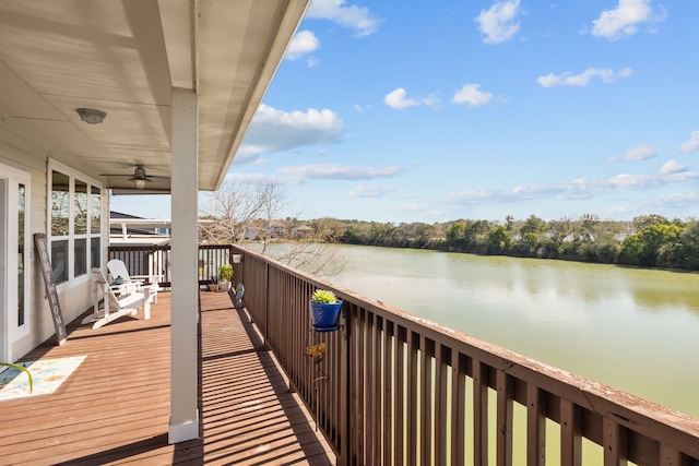 balcony featuring a ceiling fan and a water view