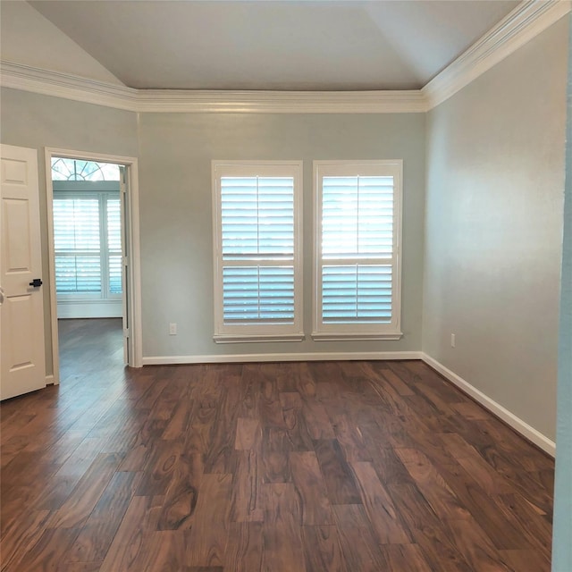 5523 Fragrant Cloud Ct, Houston, TX 77041 - empty room featuring crown molding, lofted ceiling, baseboards, and dark wood finished floors