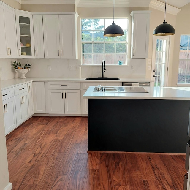 kitchen featuring a sink, dark wood-style floors, hanging light fixtures, and white cabinetry