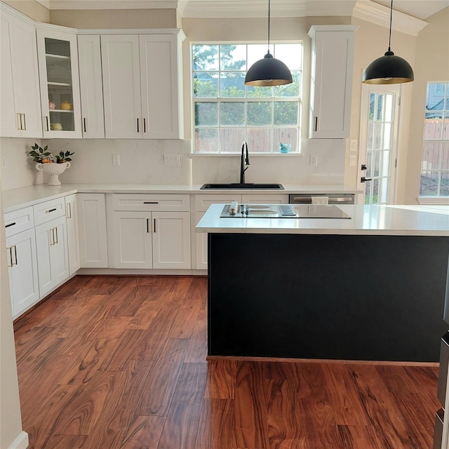 5523 Fragrant Cloud Ct, Houston, TX 77041 - kitchen with a sink, crown molding, white cabinetry, hanging light fixtures, and glass insert cabinets