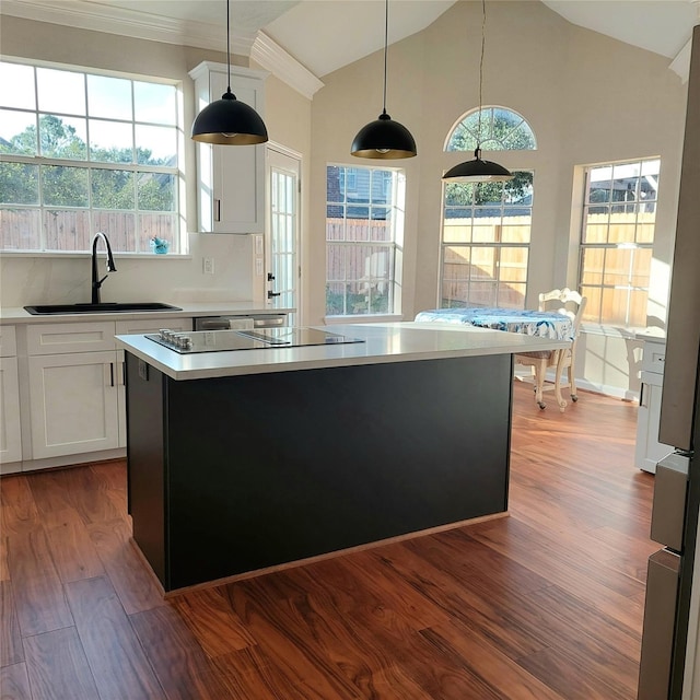 5523 Fragrant Cloud Ct, Houston, TX 77041 - kitchen with a sink, wood finished floors, lofted ceiling, a center island, and healthy amount of natural light