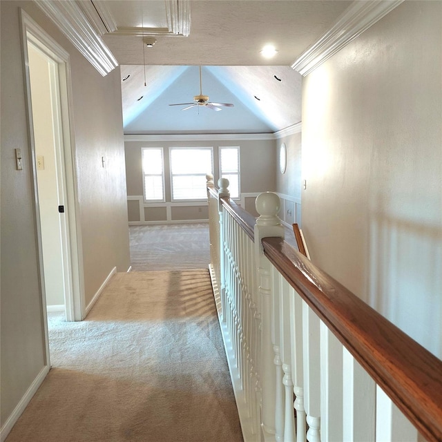 5523 Fragrant Cloud Ct, Houston, TX 77041 - hallway featuring an upstairs landing, attic access, carpet, vaulted ceiling, and ornamental molding
