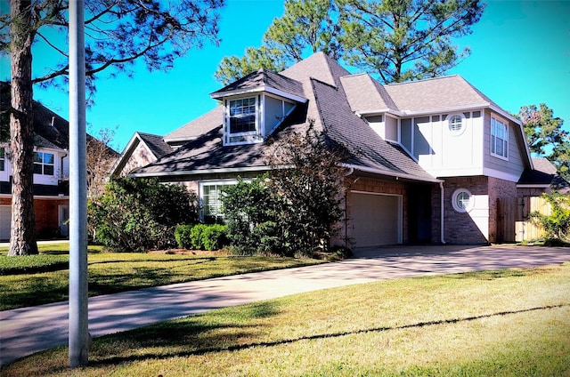 5523 Fragrant Cloud Ct, Houston, TX 77041 - tudor home with a front yard, concrete driveway, an attached garage, and a shingled roof